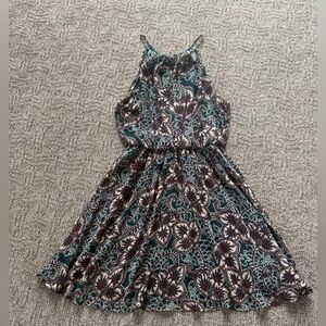 Lush, green and brown sleeveless dress open slit on back to waist, size large